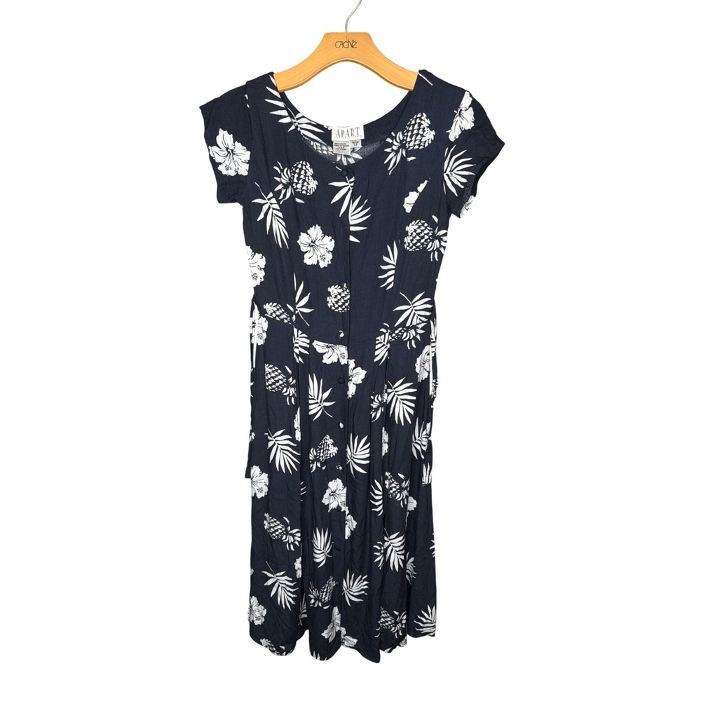 Apart Impressions Vintage Tropical Pineapple Hibiscus Midi Dress Black White 2P